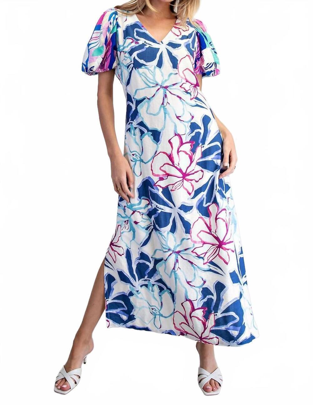 NEW UMGEE tropical print puff sleeve maxi dress in blue multi